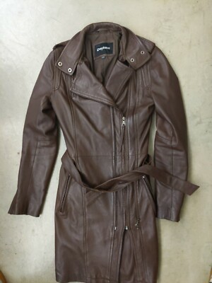 Daytona Brand Long Brown Belted Leather Jacket Size Small Petite