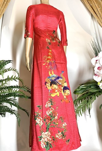 Vietnamese Tet Ao Dai Dong Hung Silk Long Dress With Pants - Free Fast Shipping - Bild 4 von 9
