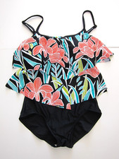 Rose Marie Reid Black Green Red Floral Slim Built In Bra One Piece Swimsuit 10