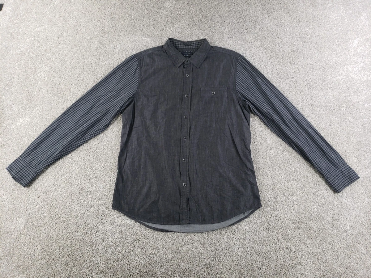 Camisa grande con botones de manga larga Guess para hombre calce ajustado de algodón negro