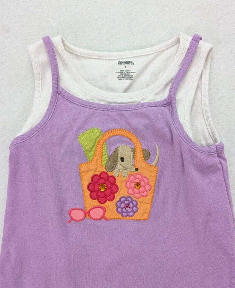 Camiseta sin mangas Gymboree para niñas púrpura y blanco picnic cachorro sin mangas talla 7 DEFECTOS Foto 3 de 4
