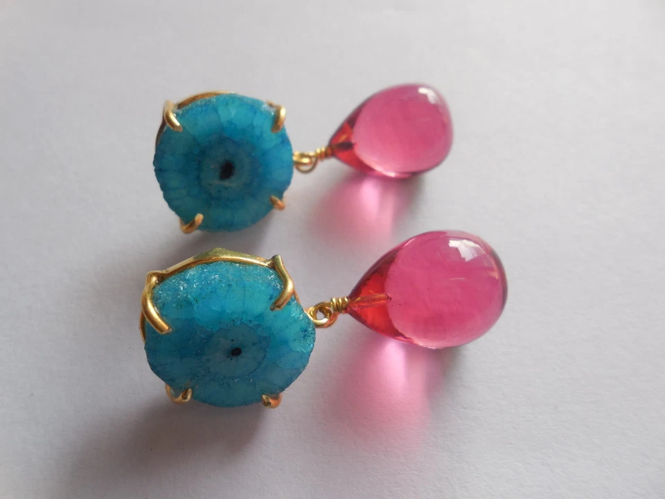 Brinco solar gota drusa pedra preciosa folheado a ouro designer de moda joia - Imagem 4 de 4