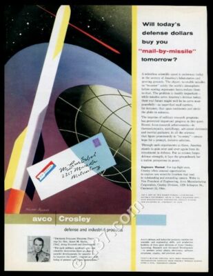 1957 streamlined modern rocket missile Weimer Pursell art Avco Crosley print ad