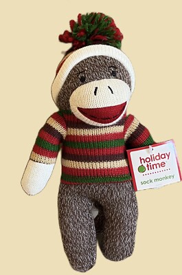 Holiday Time Christmas DanDee 10 Inch Brown Sock Monkey With Sweater &  Hat 2012