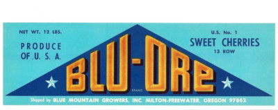 Original BLU-ORE cherry crate label Blue Mountain Growers Milton-Freewater OR