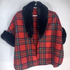 Faux Fur Trimmed Red Tartan Plaid Jacket Cardigan Poncho One Size Euc