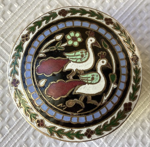 Vintage Enameled Brass Trinket Box with Peacocks, Indian? - Picture 1 of 8
