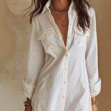Robe Chemise Mini À Manches Longues Boutons Pour Femme Blanche En Dentelle