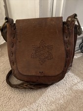Vintage 70s Hand Tooled Leather Floral Saddle Bag Boho Crossbody England
