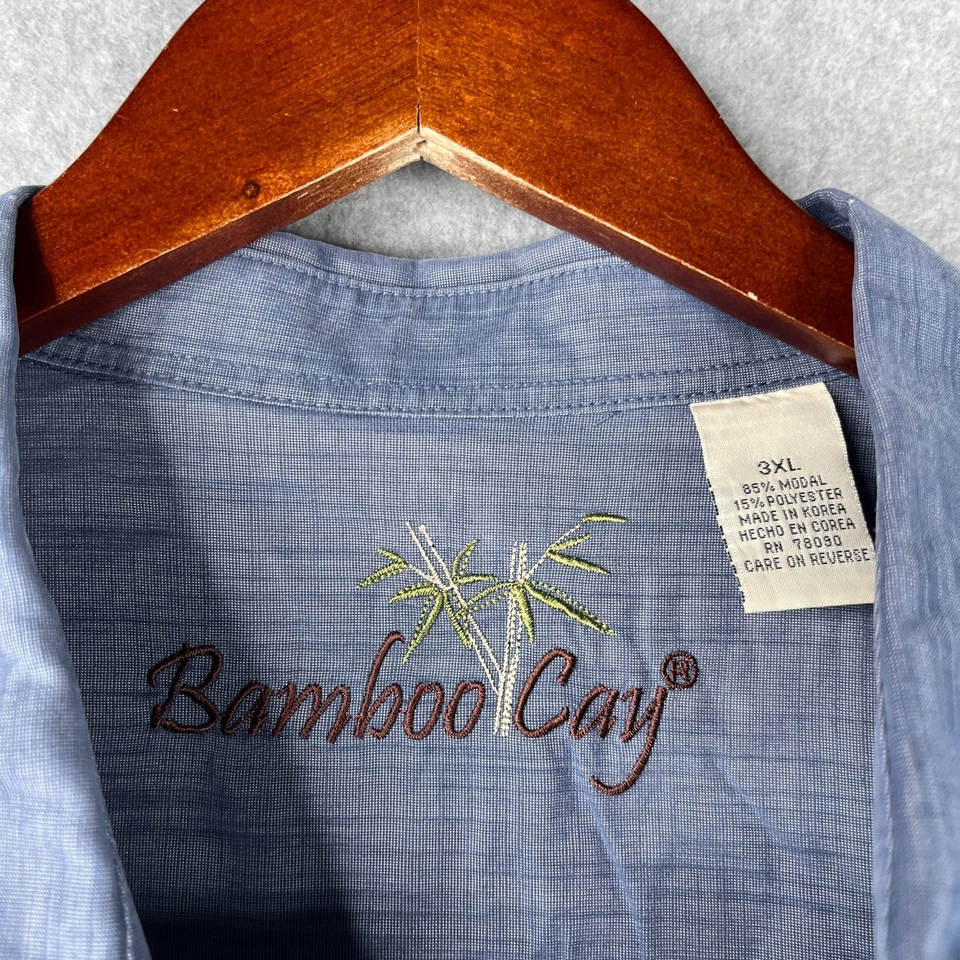 Camisa Bamboo Cay 3XL Azul Tropical Bordada Abotonada Manga Corta Hombre Foto 3 de 4
