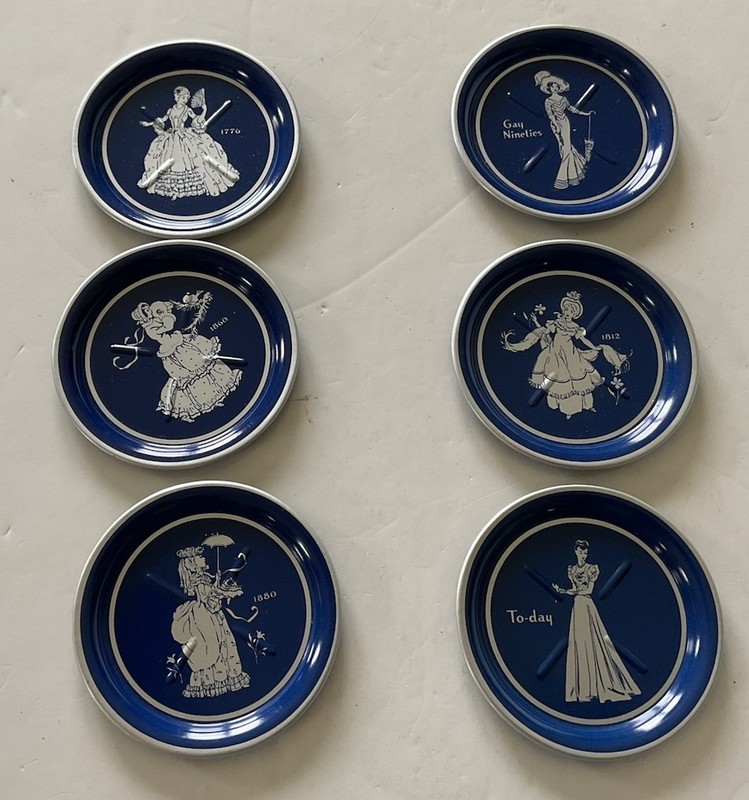 Vintage Blue & White Tin Coasters Women’s Fashion History NOS