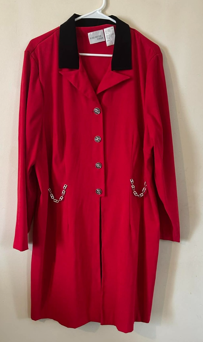 Vintage 90's Red Blazer Gold Chains Buttons Jacket Long Velvet