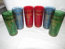 Set of 6 NOS Vintage Moroccan 8 oz Tea Glasses Different Colors Gold Unused