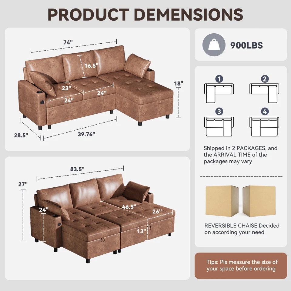 Sofá cama Danrelax 3 en 1 sofá cama extraíble con portavasos USB marrón Foto 2 de 4