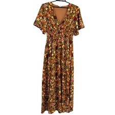 Baltic Born Floral Maxi Dress Sz 3XL Brown Boho Cottagecore Flutter Sleeve Smock