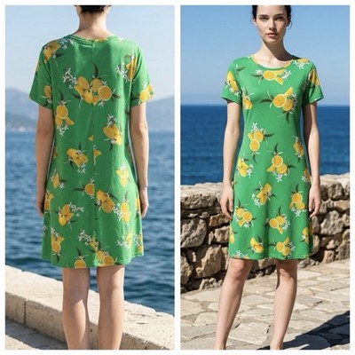 Jamie & Layla Women Sz XL Green Lemon Print Short Sleeve Pullover Shift Dress