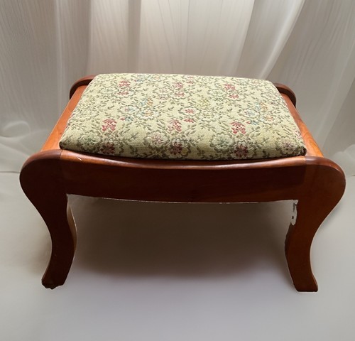 Vintage Oak Wooden Footstool Padded With Pale Floral Design Fabric 17x13