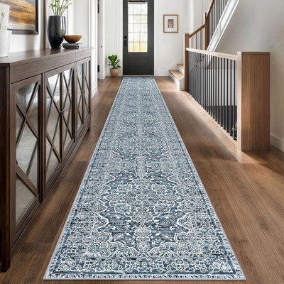Vintage Floral Non-Slip Extra Long Hallway Runner Rug 2.6x18ft Blue White
