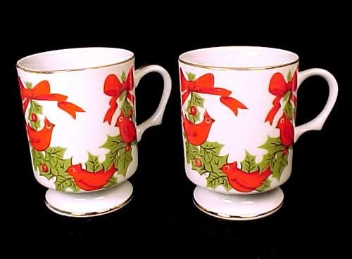 Lefton Coffee Mugs 2 China Christmas Cups Cardinal Holly Berries Bows Vintage