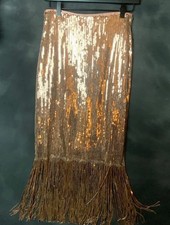 Lulus Sequin Fringe Midi Skirt S Rose Gold Pink Metallic Party Cocktail NYE Glam