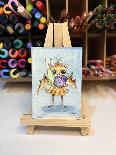 Aceo Original Painting Halloween Bat Girl Holding Snail 2.5 x 3.5 Melissa Stagi