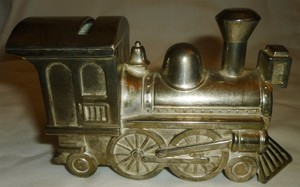 VINTAGE SILVERPLATE FIGURAL PIGGY STILL COIN BANK CHOO-CHOO TRAIN TZEDAKAH