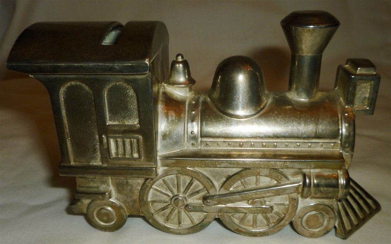 VINTAGE SILVERPLATE FIGURAL PIGGY STILL COIN BANK CHOO-CHOO TRAIN TZEDAKAH