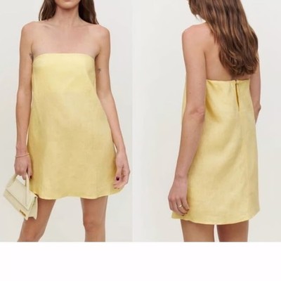 Reformation Stella Linen Dress - Strapless Mini Dress in Pale Yellow