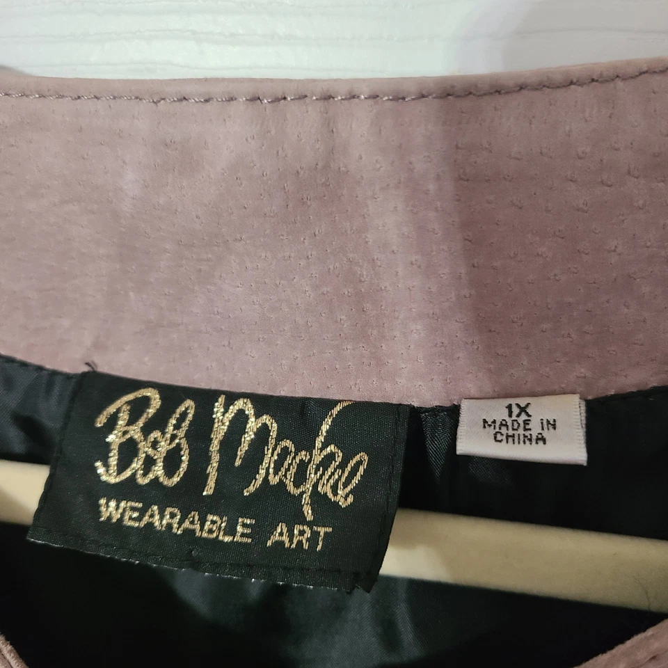  1X Bob Mackie Suéter Manga Chaqueta Gris Beige Gamuza Cuero Bordado Cremallera Foto 4 de 4