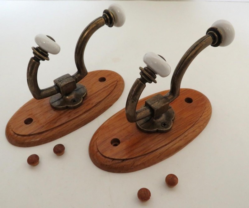 2 pc. Vintage Metal Wall Mount Coat Hat Towel Double Hook Hanger Porcelain Knobs