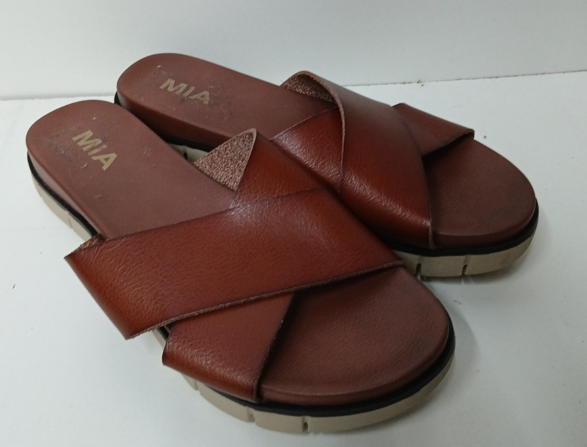 MIA Elissa Cognac Brown Comfort Slide Sandals Slip On Synthetic Women's Size 8