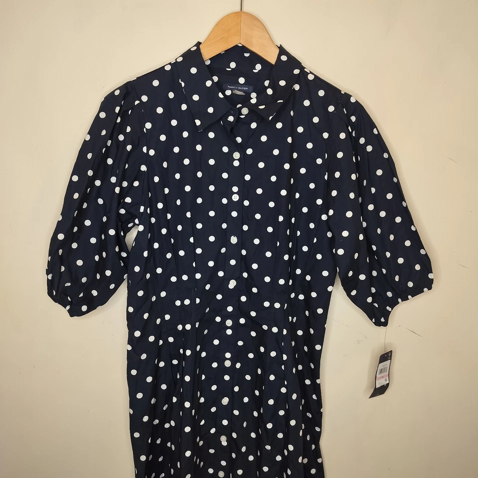 Vestido Camisa Tommy Hilfiger Lunares Talla 10 Mujer Azul Marino Manga Globo Nuevo con Etiquetas Foto 3 de 4