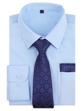 Mens Dress Shirt with Tie Pocket Square Set Long Sleeve Shirts Matching Neckt...