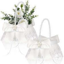 Set of 2 Wedding Flower Girl Basket with Pearl Handle Ivory White Lace Bowkno...