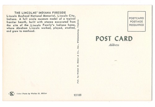 LINCOLN FIRESIDE FIREPLACE Boyhood National City Indiana Postcard IN Koppel - Picture 2 of 2