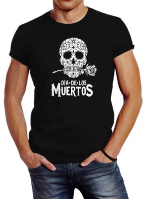 Herren T-Shirt Sugar Skull Dia De Los Muertos Totenkopf mit Blumen Slim Fit