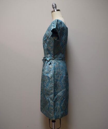 VINTAGE 50s/60s MISS BROOKS Teal & Gold Brocade Formal Wiggle Dress Size S - Picture 3 of 6