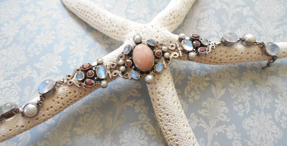 Oxidized Sterling Silver Nicky Butler Moonstone Garnet 8" Bracelet     6268 - Image 3 of 4