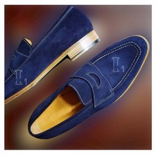 Handmade Men's Blue Suede Penny Loafer Party Genuine Leather Shoes, Sale !!!