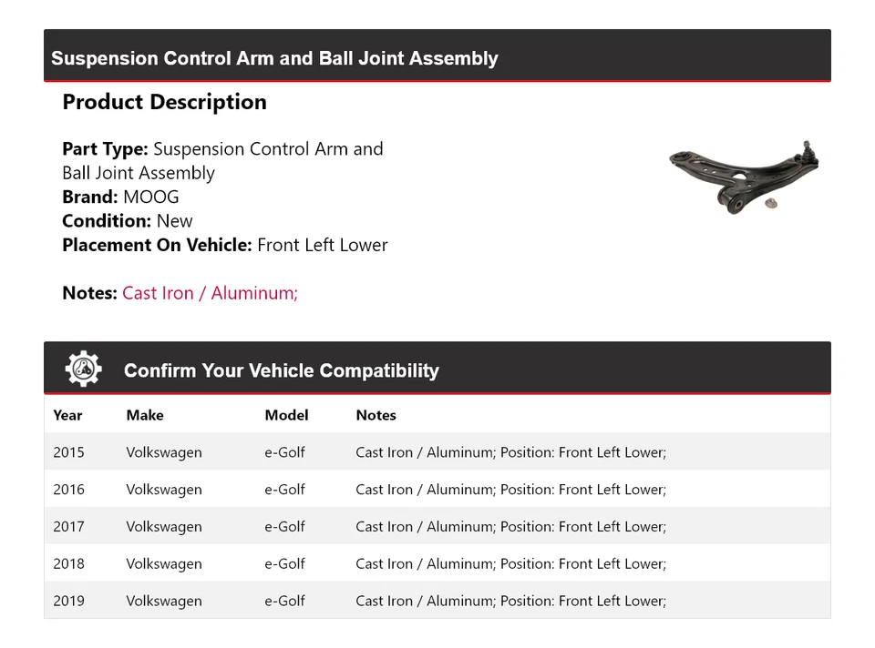 Brazo de control delantero izquierdo inferior MOOG 2015 2016 2017 para Volkswagen e-Golf 2015-2019 Foto 2 de 4