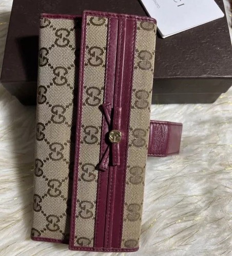 AUTH. GUCCI GG Mayfair Canvas Logo Wallet Brown magenta with Box Authentic
