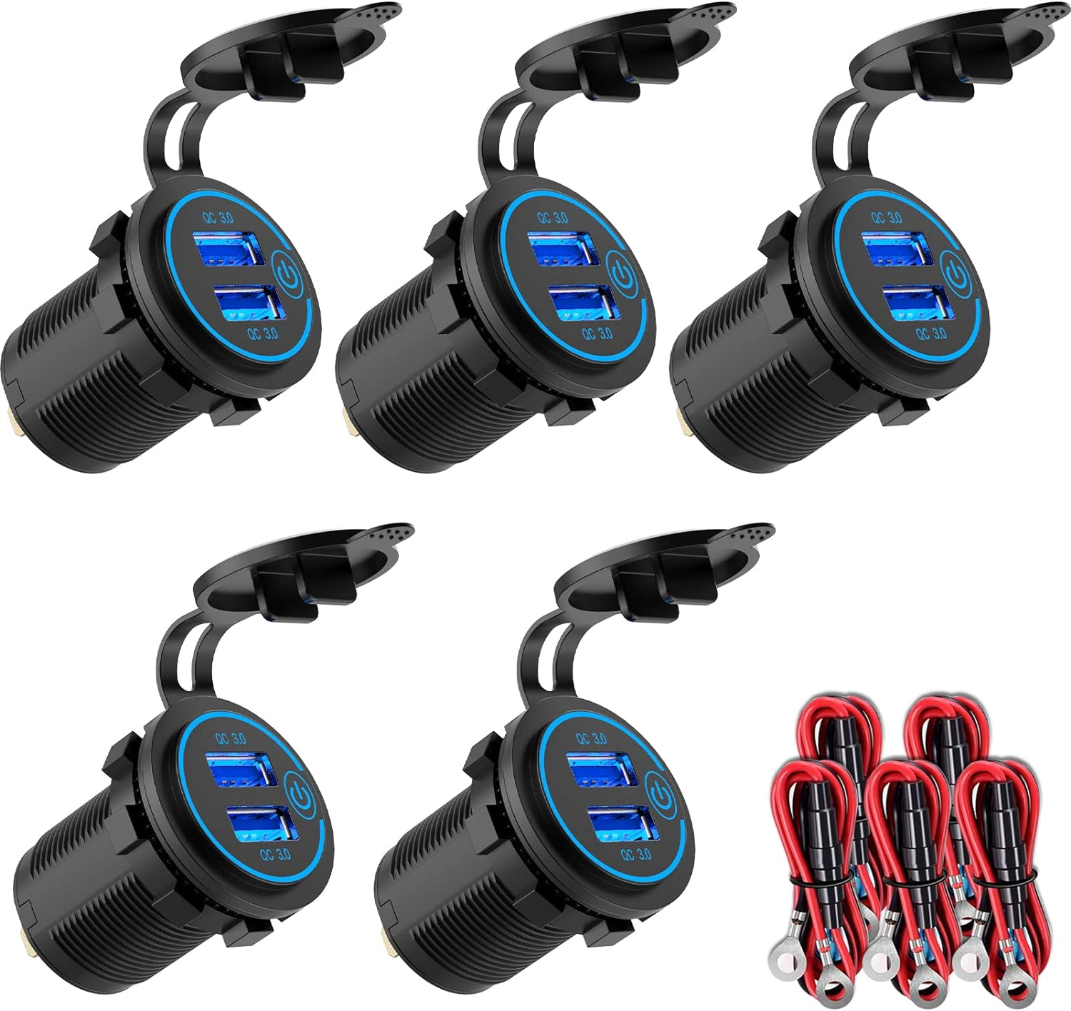 5 Pack Quick Charge 3.0 12V USB Outlet,  Waterproof QC3.0 Dual USB Power Outl...