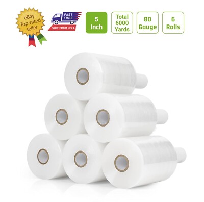 6 Rolls Pack - 5'' inch Mini Stretch Film Wrap 1000 Feet 5 Layers 80 Gauge, Clear
