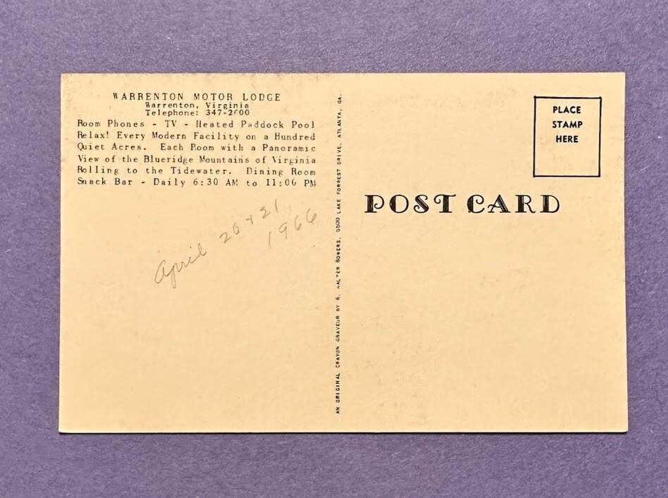 Postcard Warrenton Motor Lodge Virginia 1966 Vintage Horse Jumping Hunt