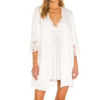 Flora Nikrooz Satin Robe Womens L/XL White Lace Sleeve Sheer Back Belted Short