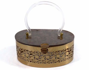 TRUE-VINTAGE-1950s-lucite-box-purse-bag-50s-gold-metal-bronze-metal