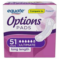 Equate Options Women's Incontinence Pads, Ultimate Absorbency, Long Length 51 Ct