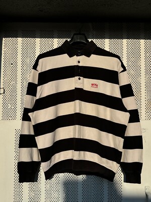 Vintage Hugo Boss Sweater Mens X Large Black Stripped Rugby