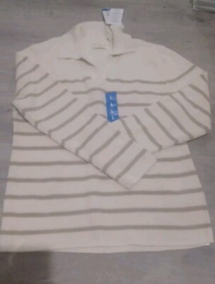 Wetterfester Vintage Orginal Damen gestreifter elfenbeinfarbener Pullover Large 