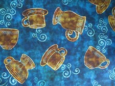 MOD COFFEE CUPS DRINKS BRIGHT COLORS TAN BLUE DIGITAL COTTON FABRIC BTHY